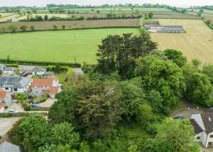 Aerial view of a rural landscape with homes, fields, and trees.