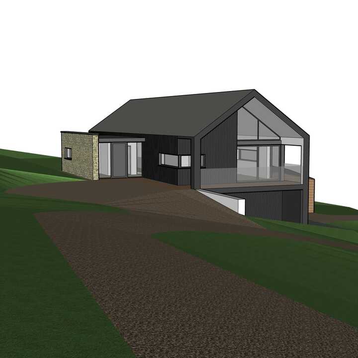 3D rendering of a modern house on a hillside with a pathway leading up to it.